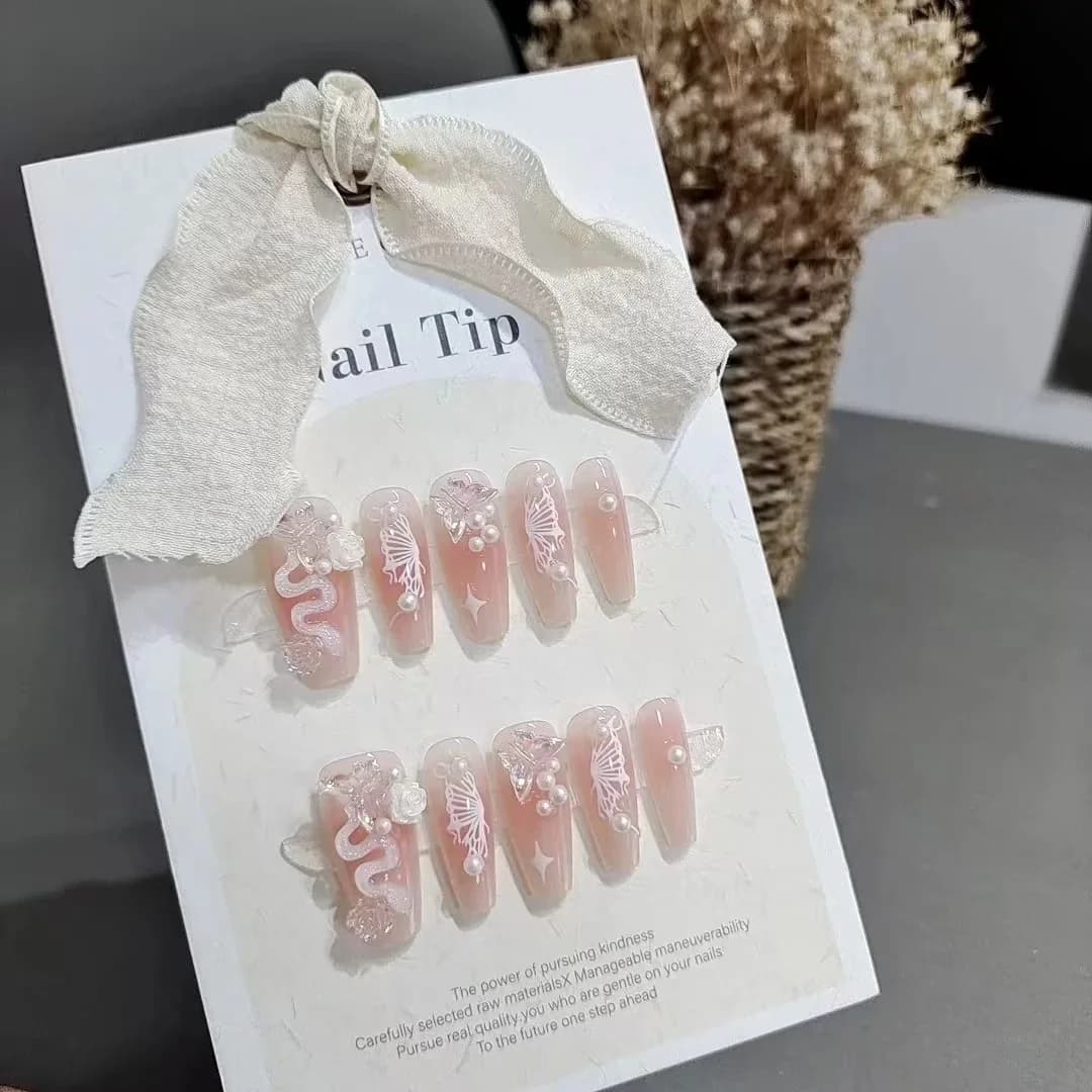 Press-On Nails Pink Snake Butterfly Floral Design Medium Coffin Shape