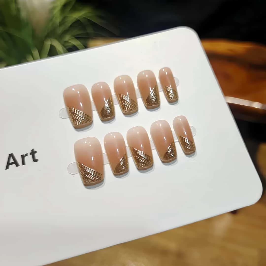 Diagonal French Tip Press-On Nails with Mirror Chrome Finish