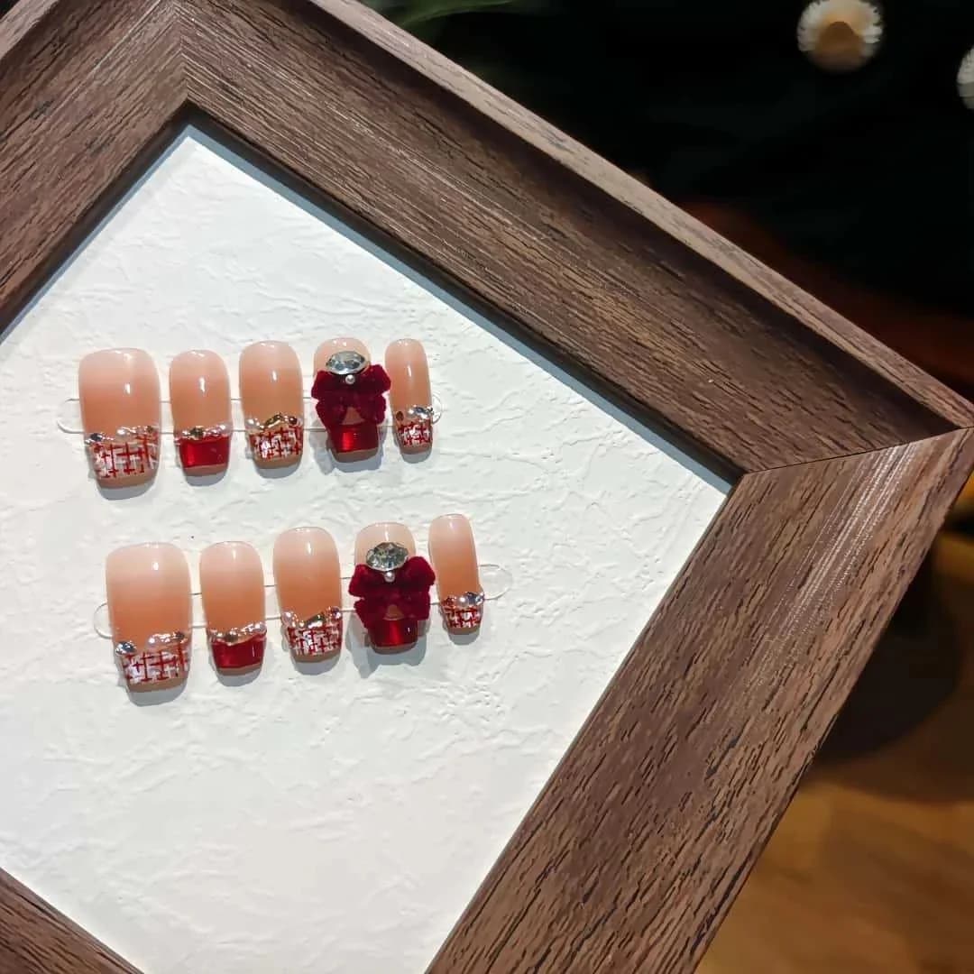 Press-On Nails Short Coffin Red Velvet Bowknot Design 30 Pieces