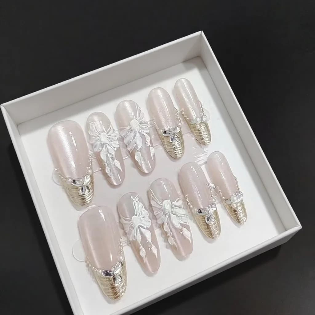 Press-On Nails with 3D Butterflies and Flowers, Long Stiletto Shape