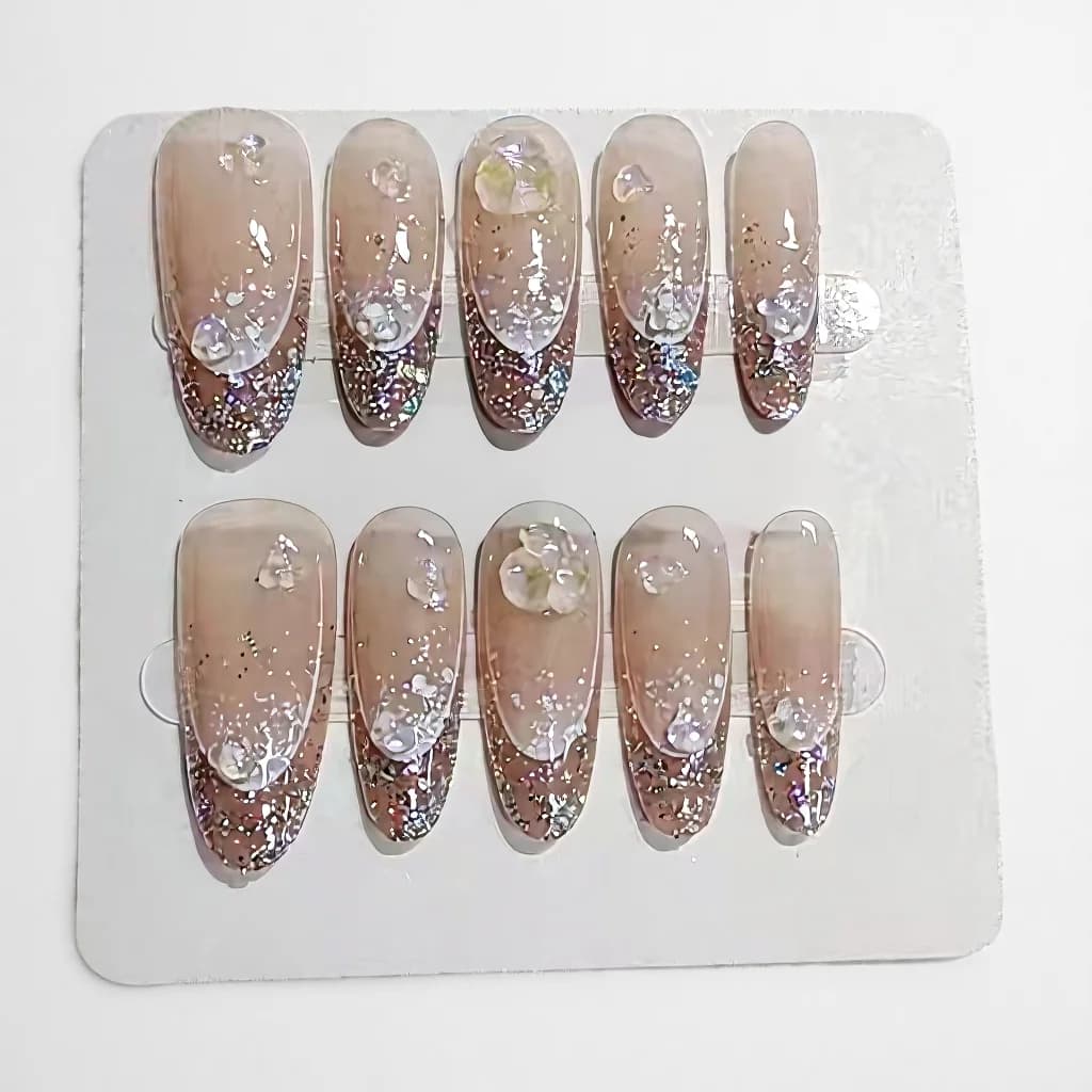 Glitter Halo Press-On Nails Long Oval Shape Reusable False Nails