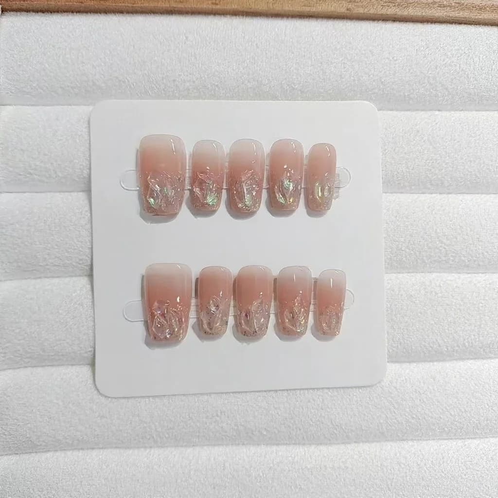 Press-On Nails Short Medium Coffin Glitter Rhinestone Blush Pink Set