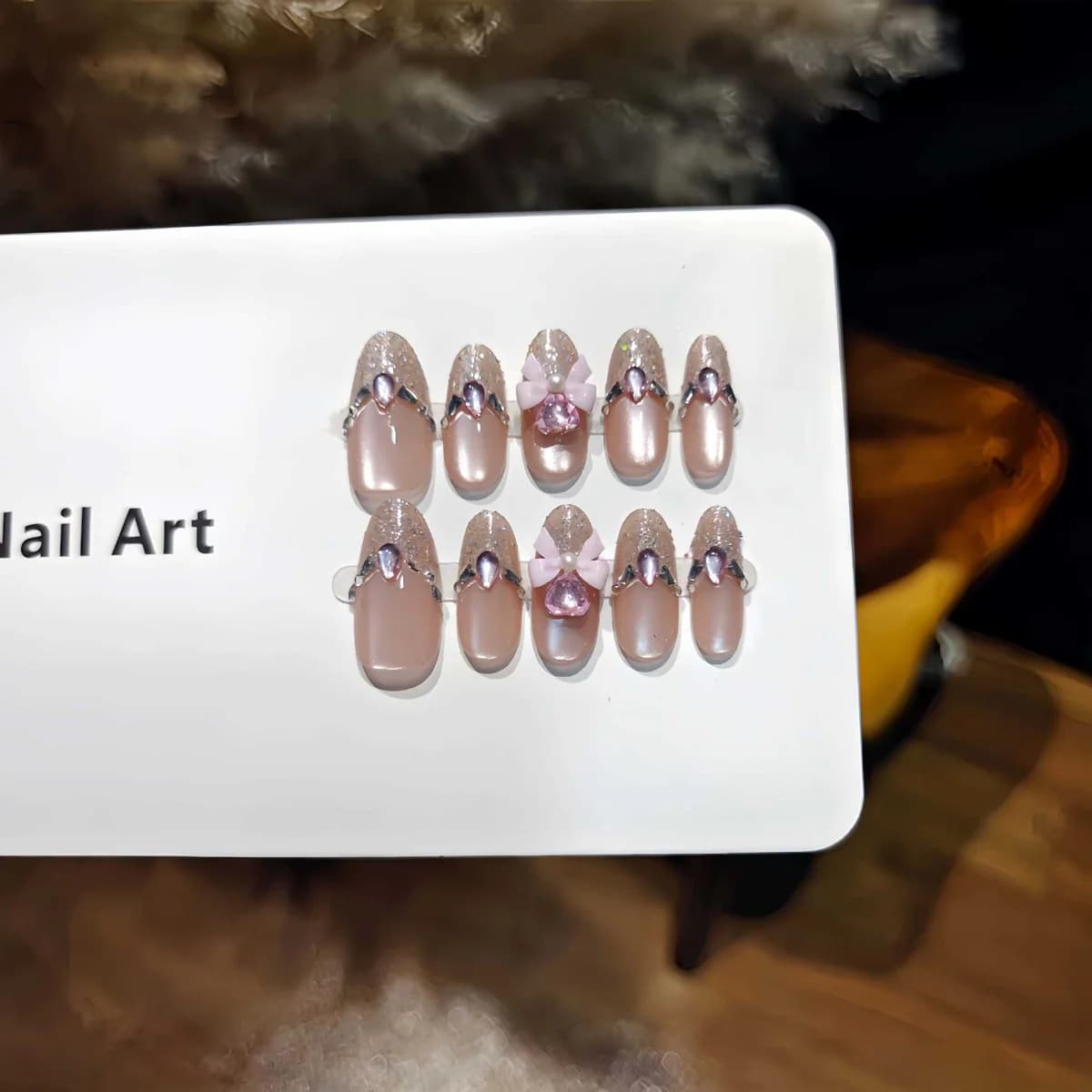 Pink Cat Eye Press On Nails with Glitter and Bow Design