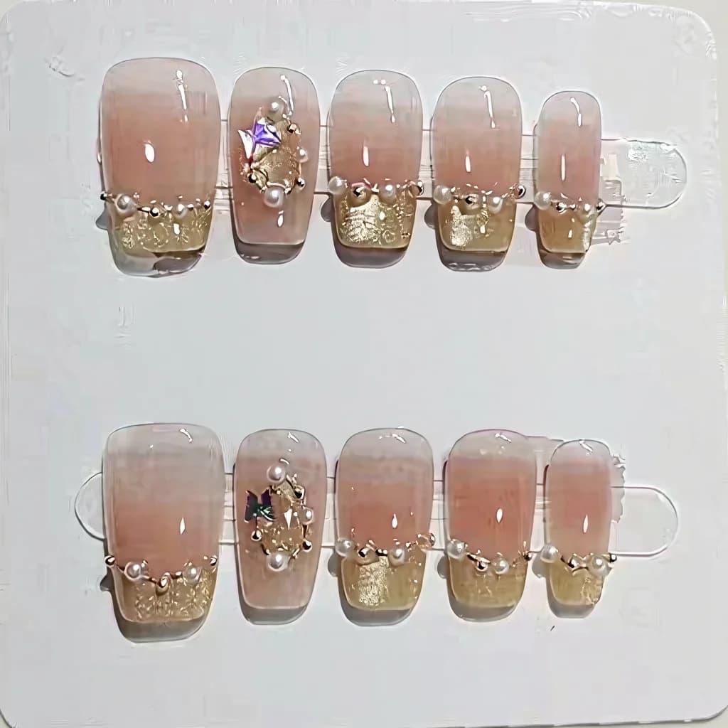 Butterfly French Tip Press-On Nails, Soft Pink Blush Style, 10 Pieces