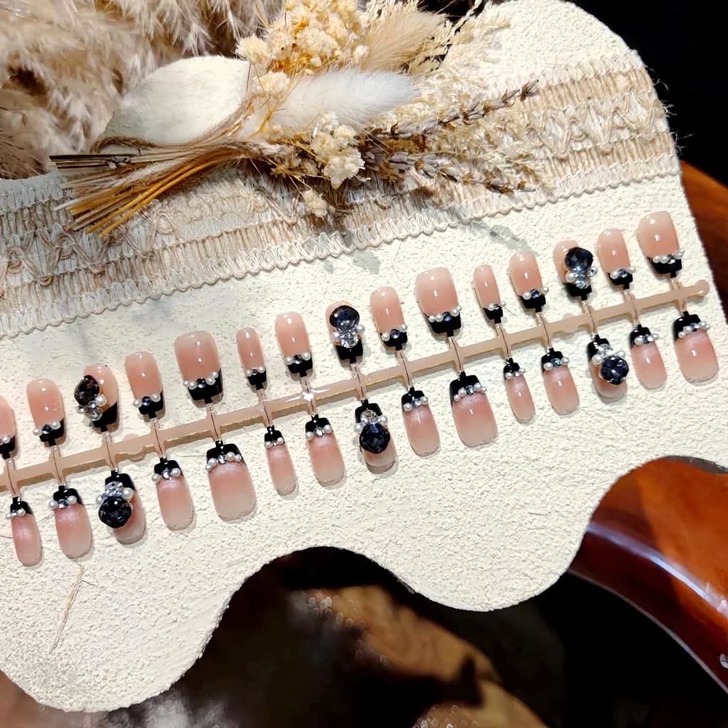 Black Cat Eye Press On Nails with Pearls and Rhinestones