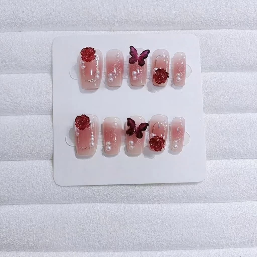 Press On Nails Short Coffin Plum Blush Gradient Floral Design 10 Pieces