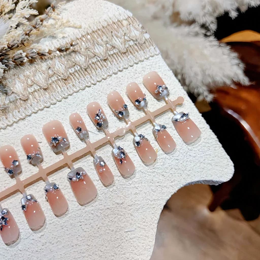 Blue French Tip Press-On Nails with Pearls and Rhinestones
