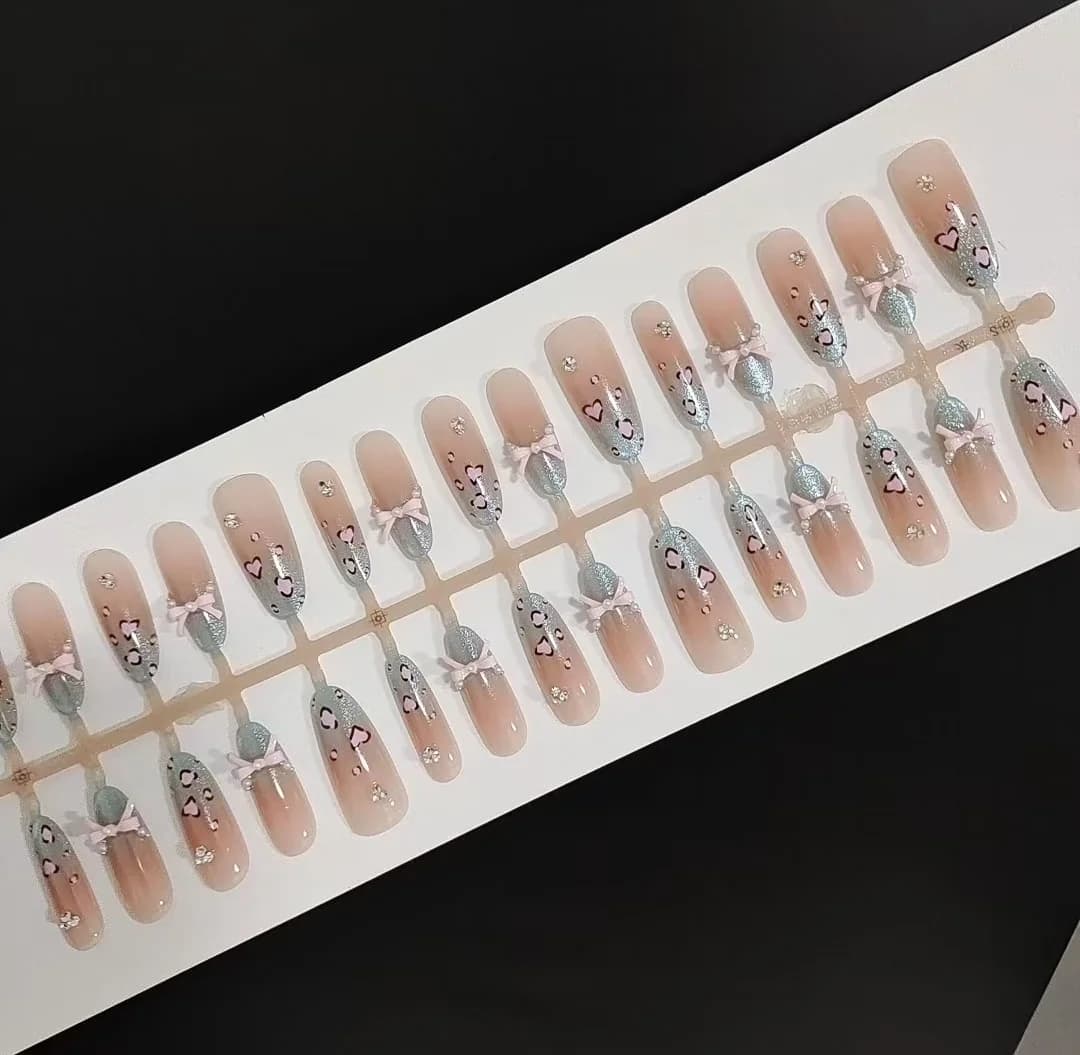 Press On Nails Sea Salt Leopard Cat Eye Bow Long Stiletto