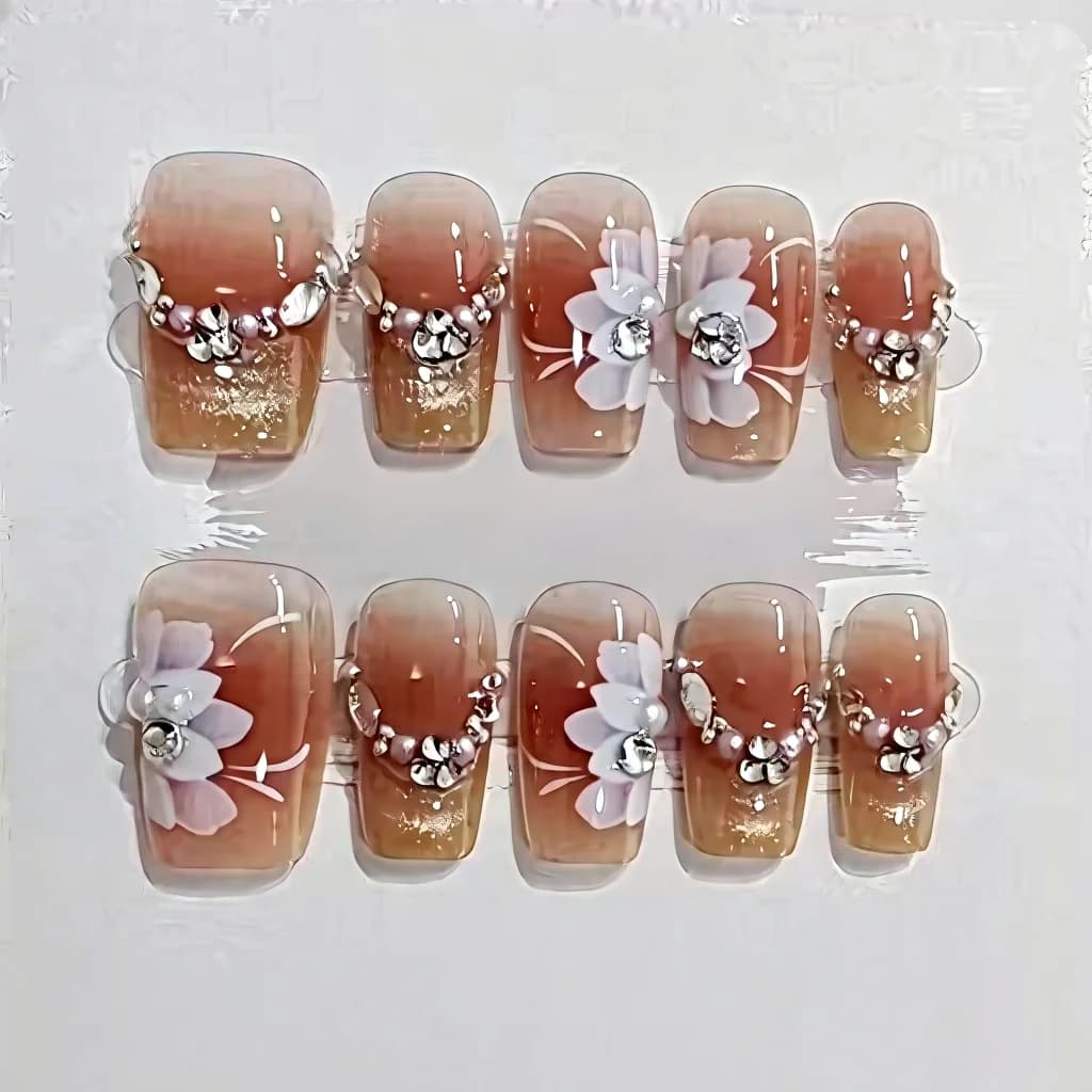 Floral Cat Eye Press On Nails with Star Design