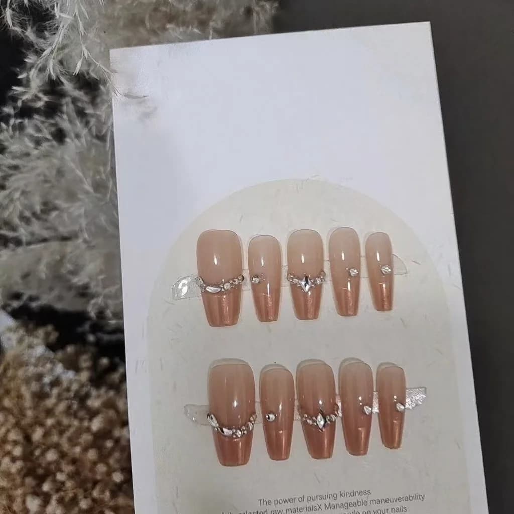 Press-On Nails French Tip with Rhinestones 10 Pieces