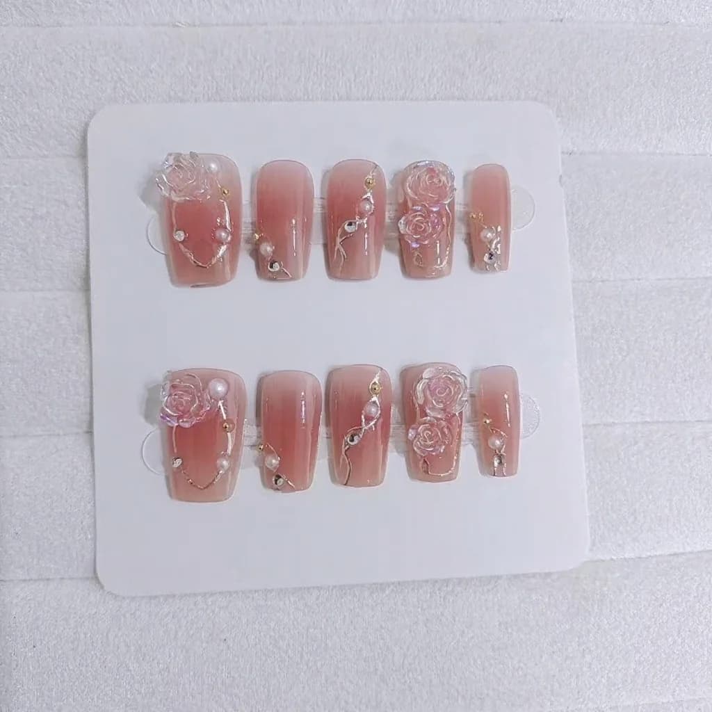 Gold Camellia Press On Nails Floral Design Sweet Style Manicure Set