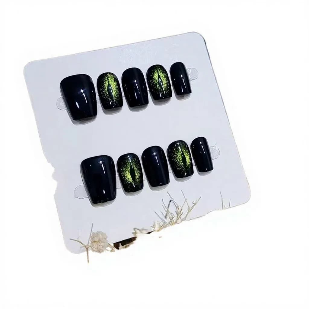 Black Gothic Press-On Nails Short Coffin Shape Butterfly Design 10 Pieces