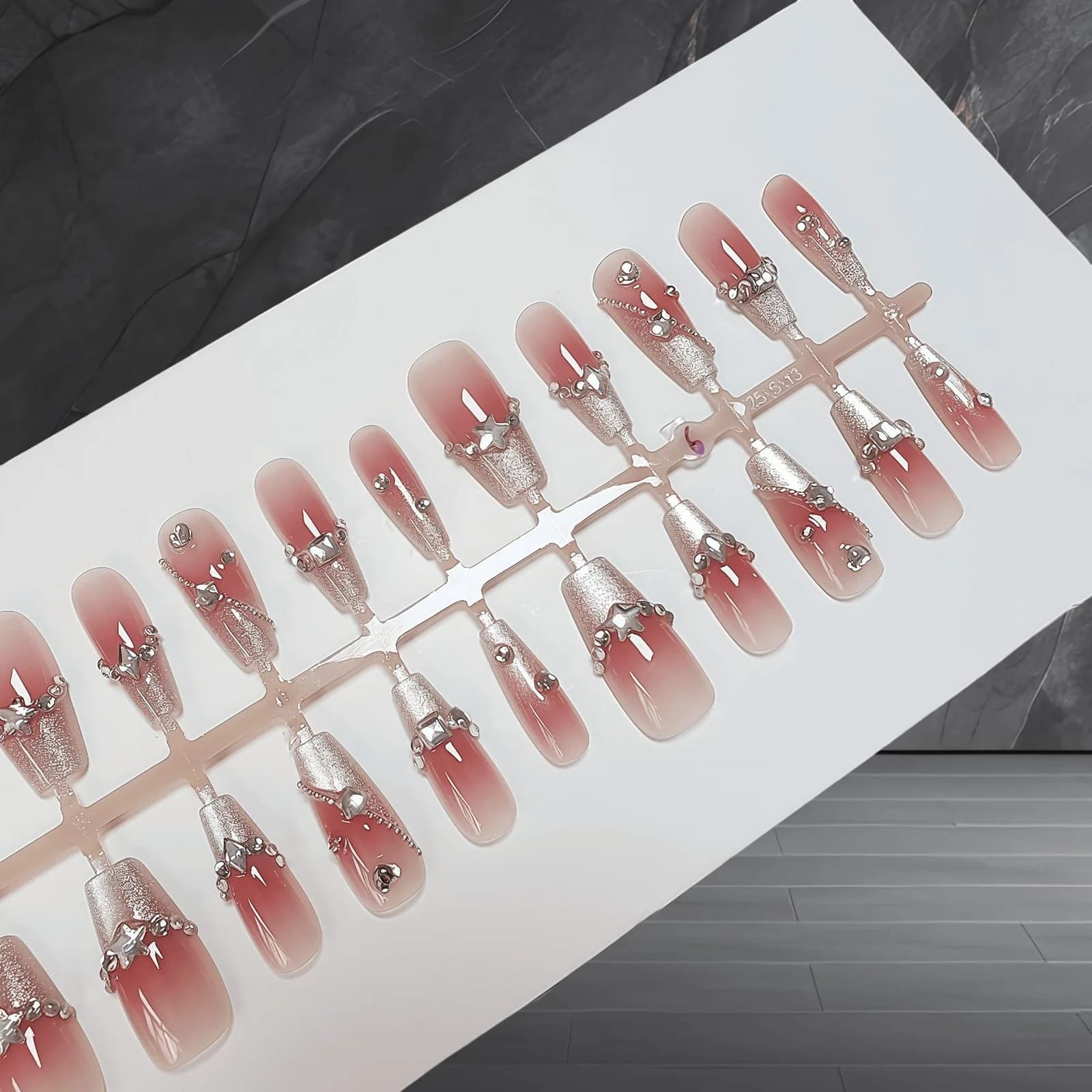 Press-On Nails with Heart Design, Glitter Finish, Medium Coffin Shape