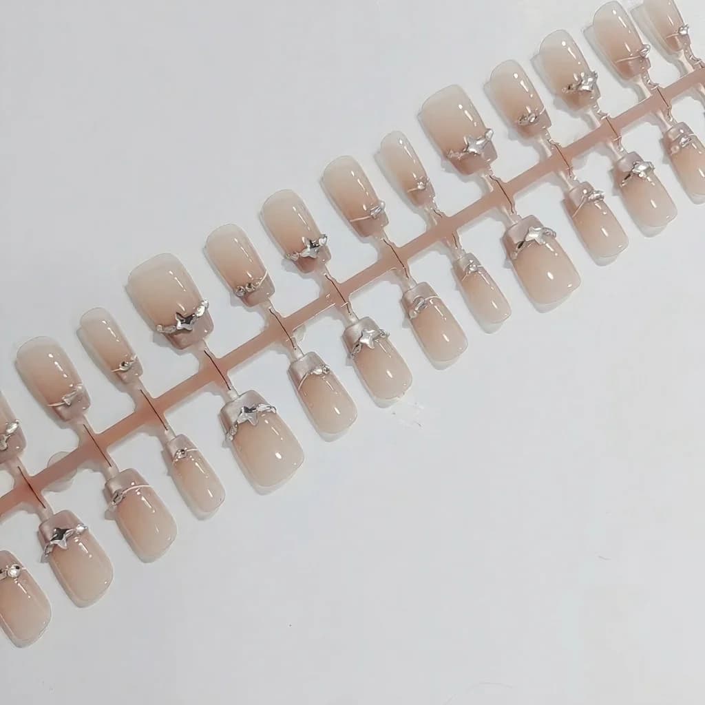 French Tip Press-On Nails with Butterfly Rhinestones and Cat Eye Effect