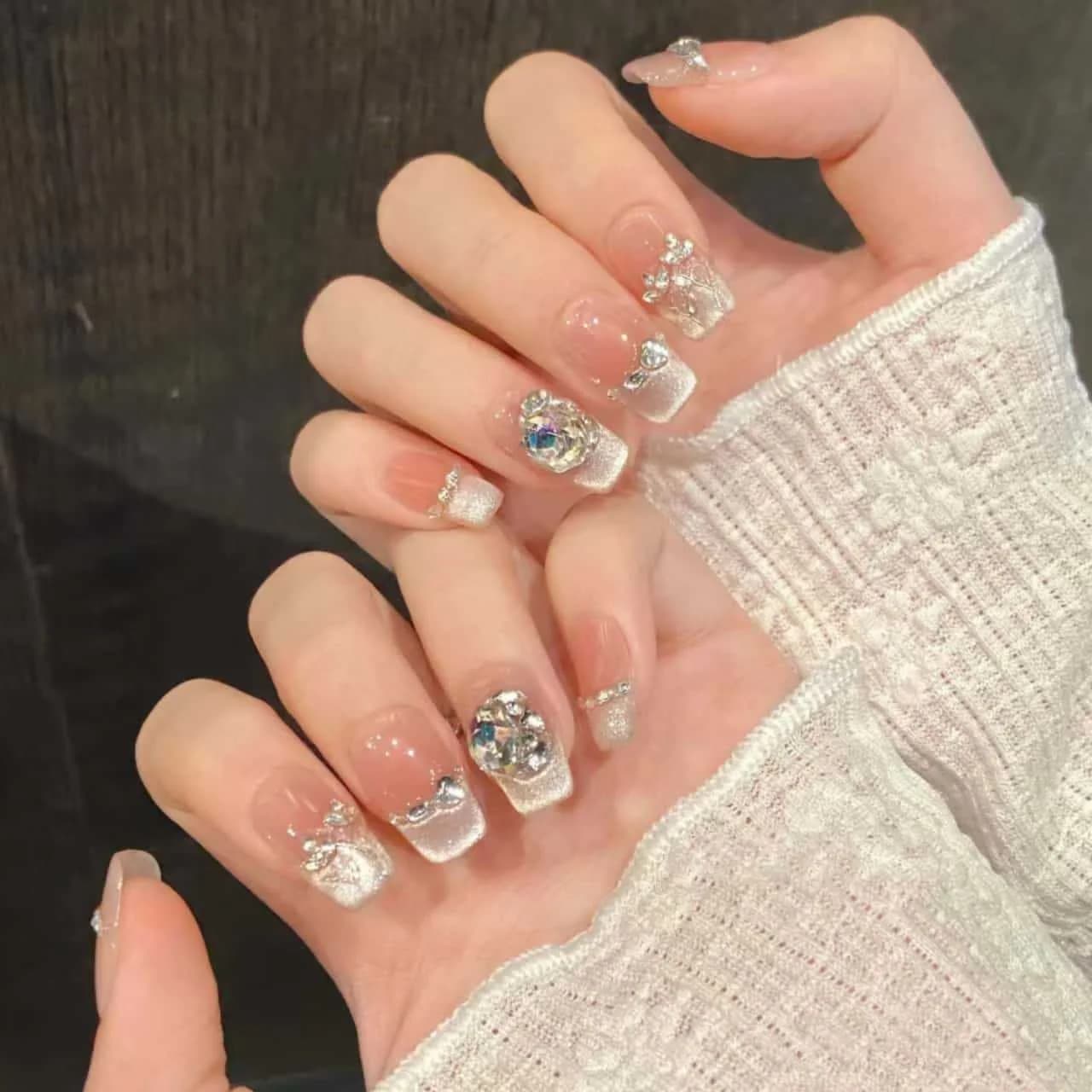 Rose Floral Glitter Press On Nails Short Coffin Shape Rhinestone Manicure