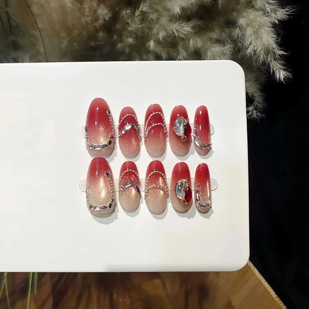 Rose Red Cat Eye Press On Nails with Rhinestones and Chains