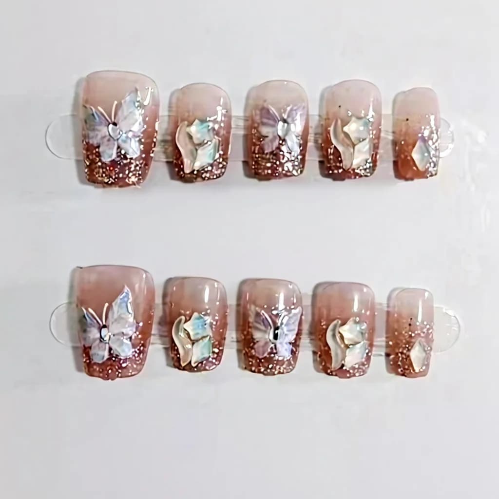 Butterfly Rhinestone Press-On Nails Short Coffin Shape 10 Pcs