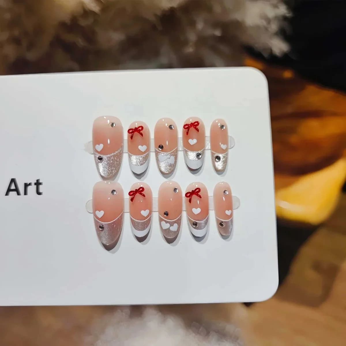 Cat Eye French Tip Press-On Nails with Butterfly Heart Design