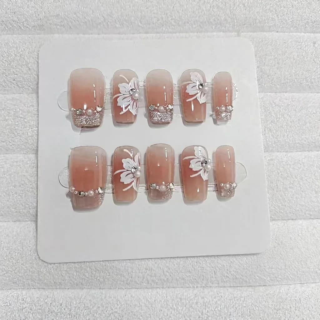 Cat Eye Lily Press-On Nails with Pearls and Rhinestones