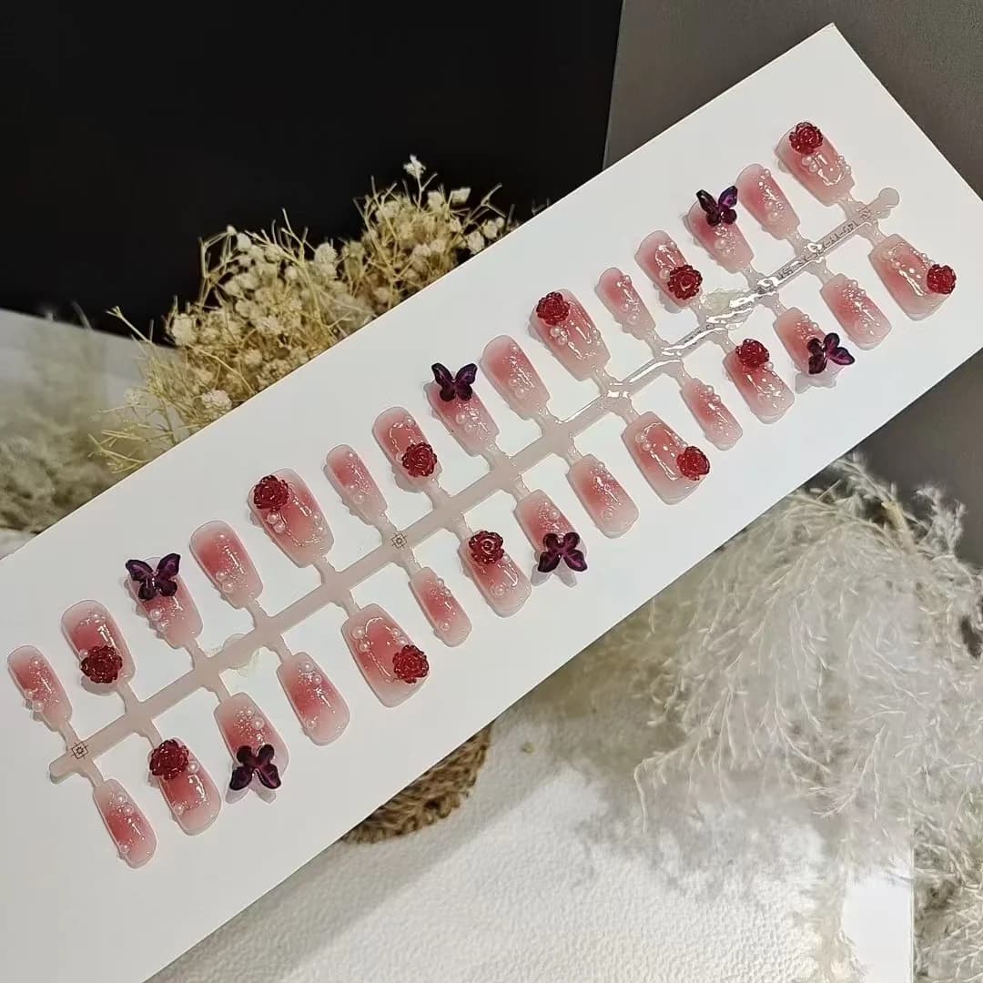 Press-On Nails Short Coffin Plum Blush Floral Butterfly Design 30 Pieces