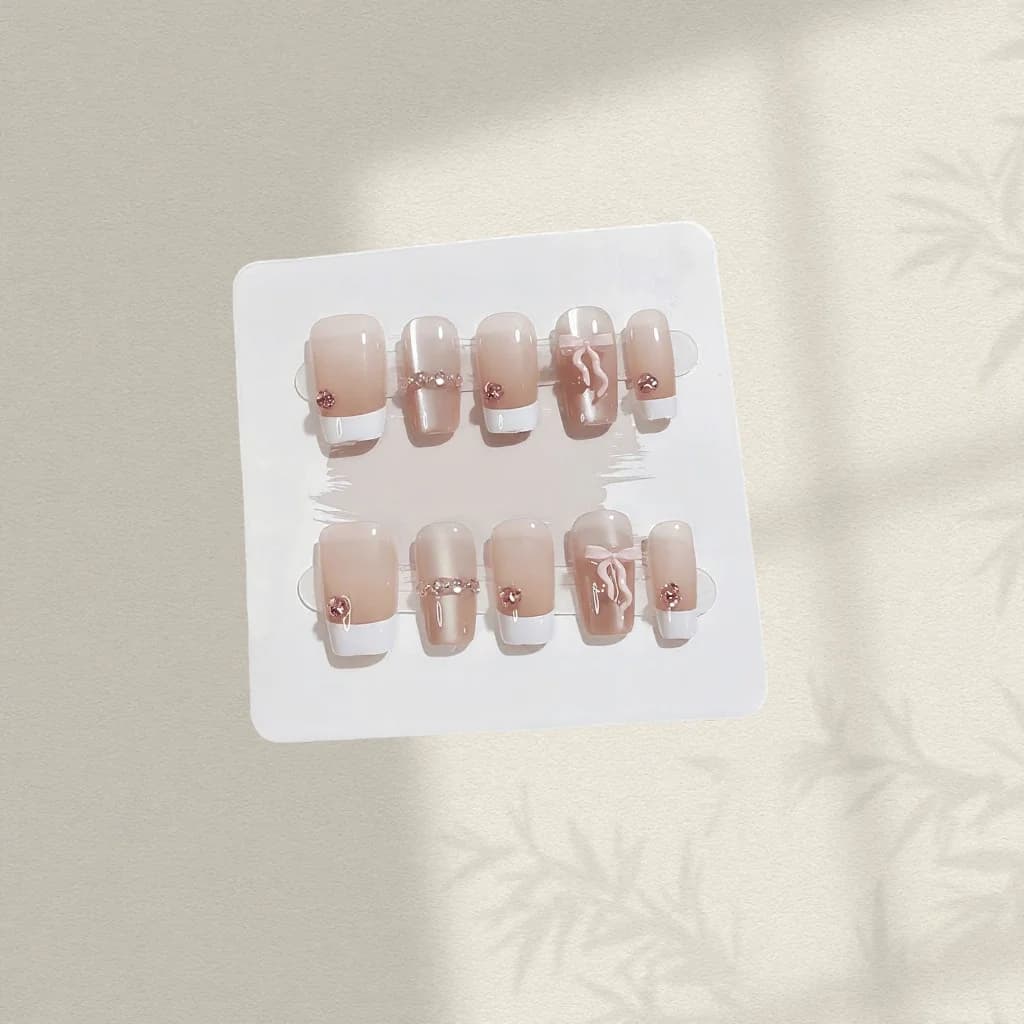Press-On Nails Pink Bow Short Coffin French Tip Manicure Set