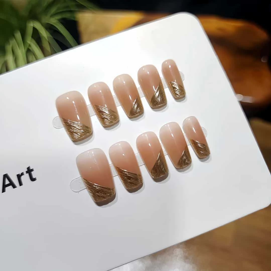 Diagonal French Tip Press-On Nails with Mirror Chrome Finish