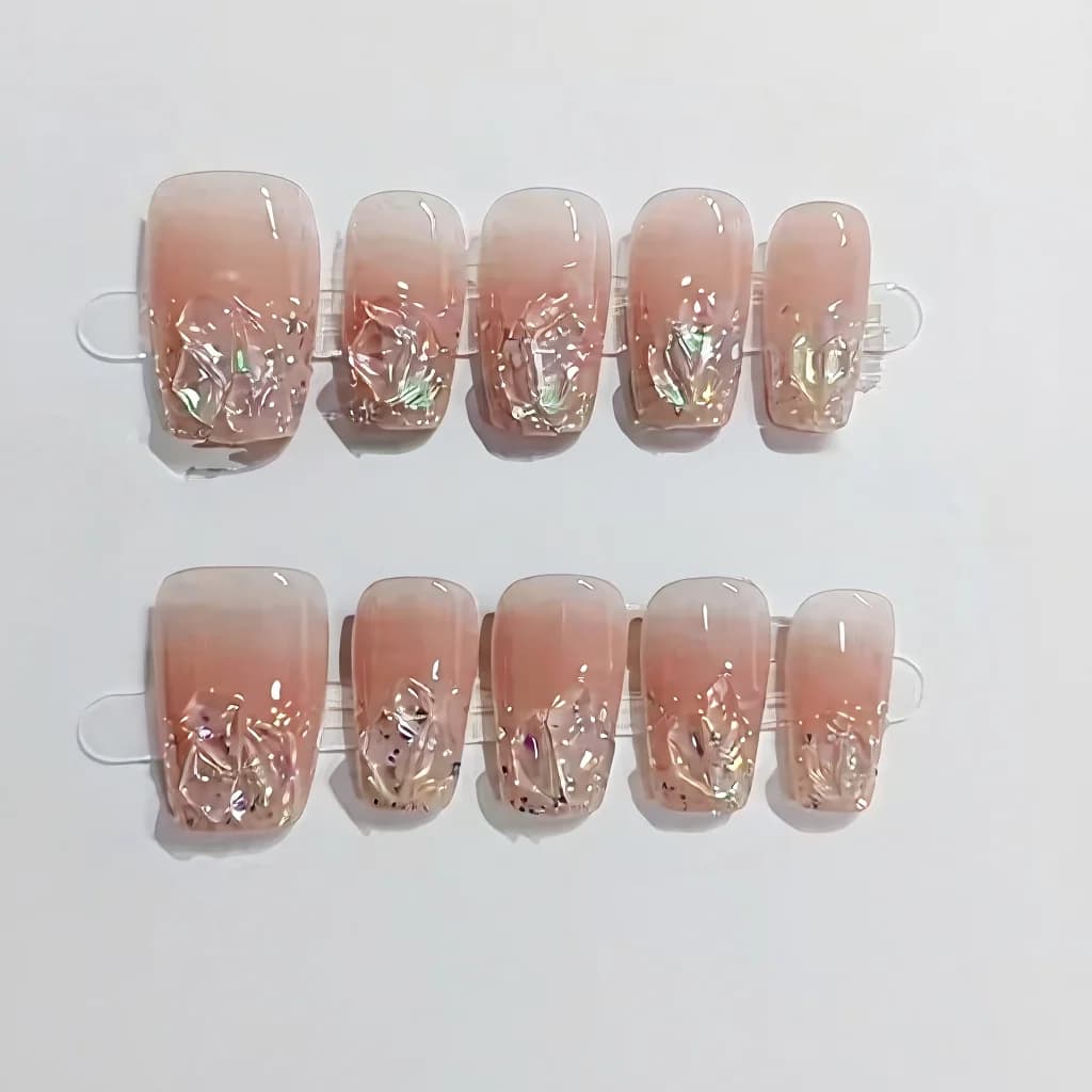 Press-On Nails Short Medium Coffin Glitter Rhinestone Blush Pink Set