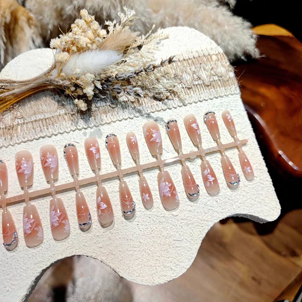 Floral Press-On Nails with Rhinestones, Long Gradient Blush Design