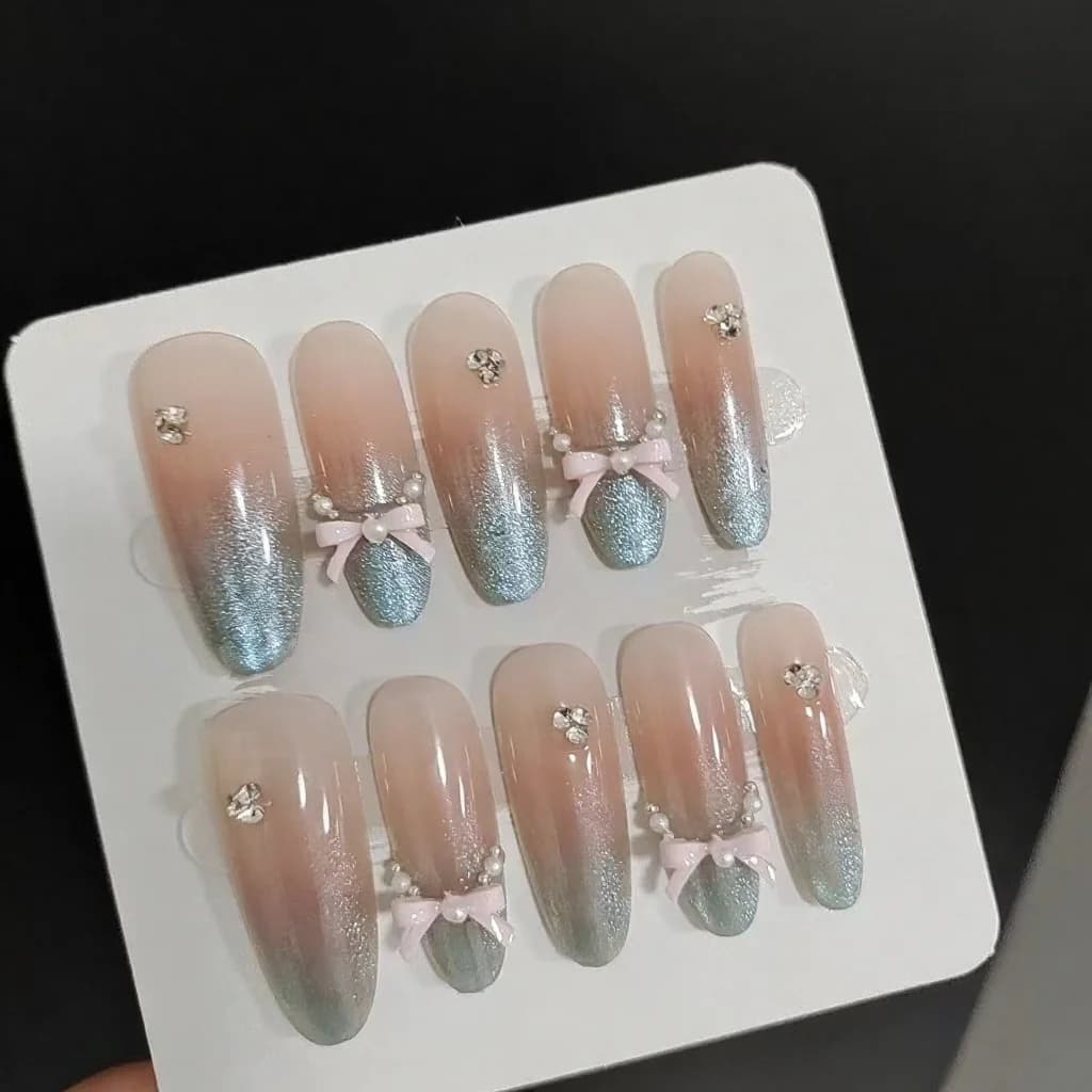 Press On Nails Sea Salt Leopard Cat Eye Bow Long Stiletto