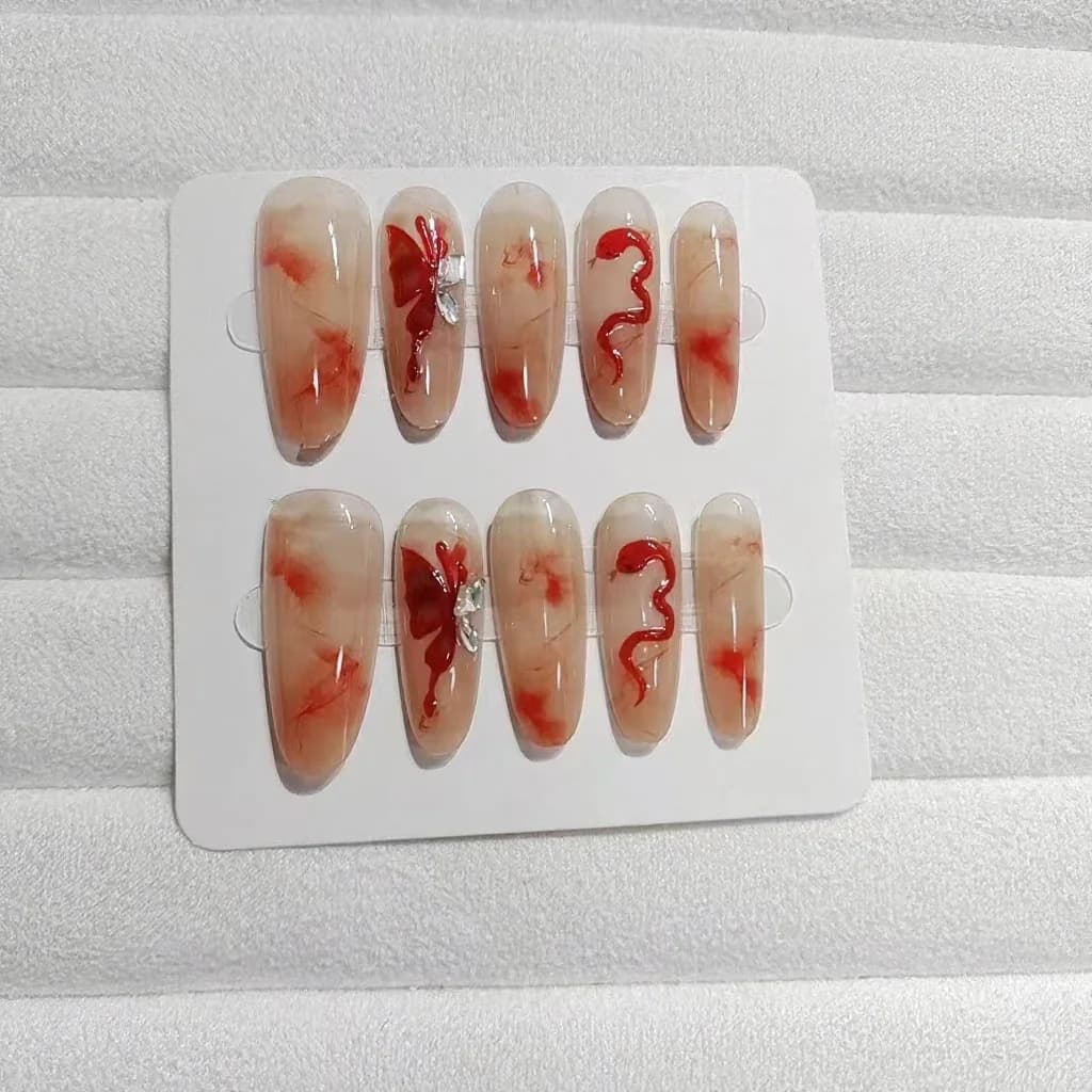 Handmade Press-On Nails Butterfly and Snake Design Long Almond Shape