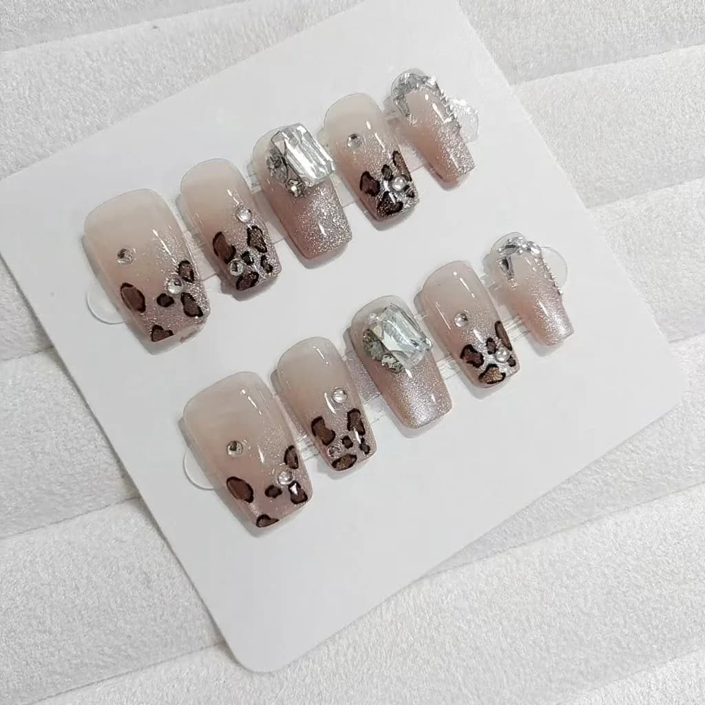 Leopard Print Press-On Nails with Rhinestones Short Coffin Shape