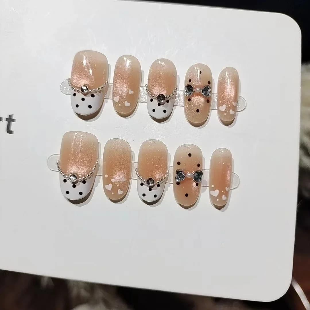 Polka Dot Pearl Cat Eye Press On Nails Short Oval Glitter Manicure