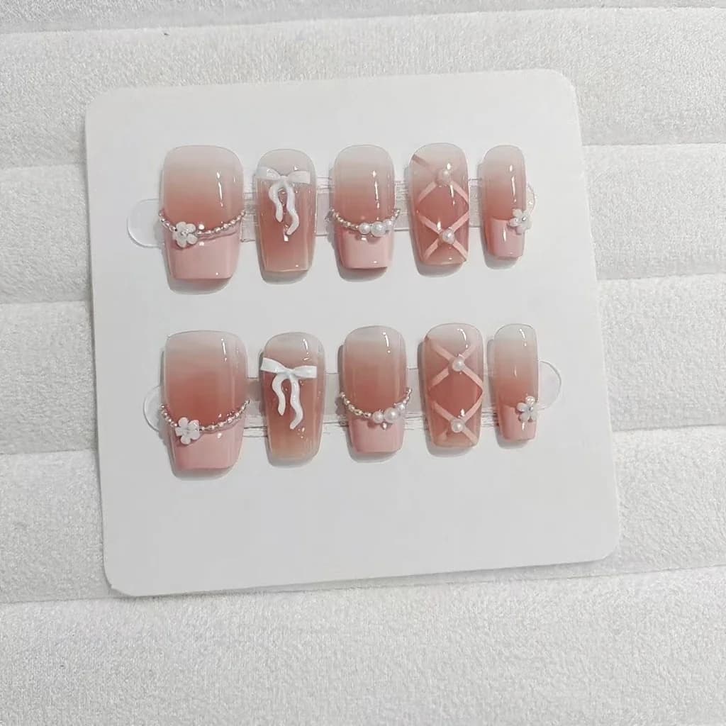 Pink French Tip Press On Nails with Chain Bow Design Short Square