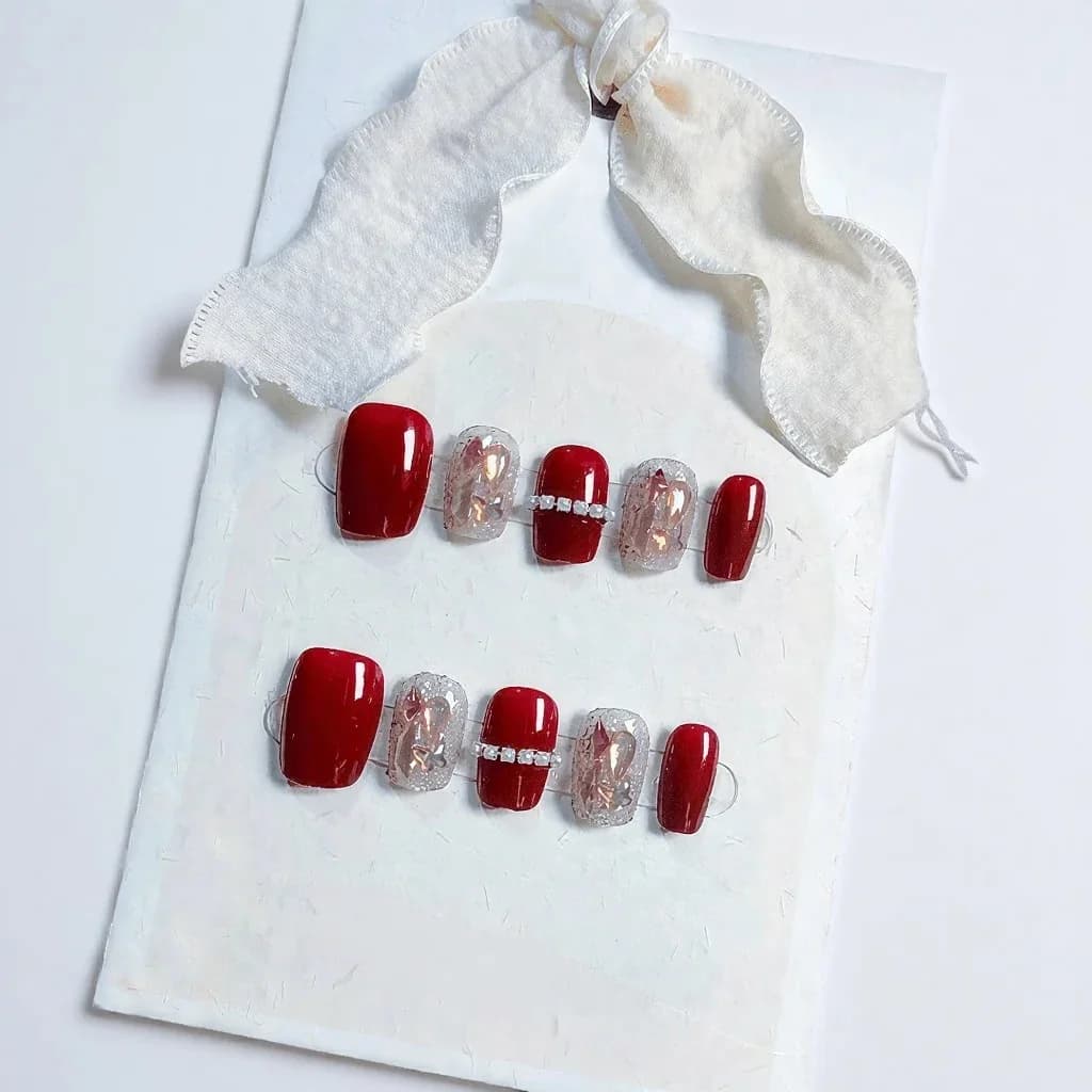 Red Press-On Nails with Chain and Aurora Rhinestones, Short Ballerina Shape