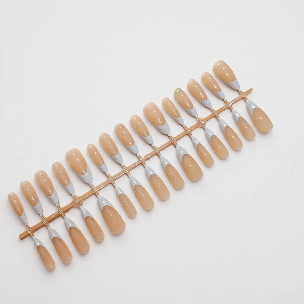 Grey White French Tip Press On Nails Long Almond Shape Full Size Set