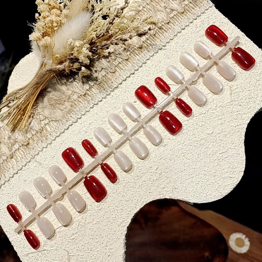 Cinnabar Floral Cat Eye Press On Nails with Glass Beads