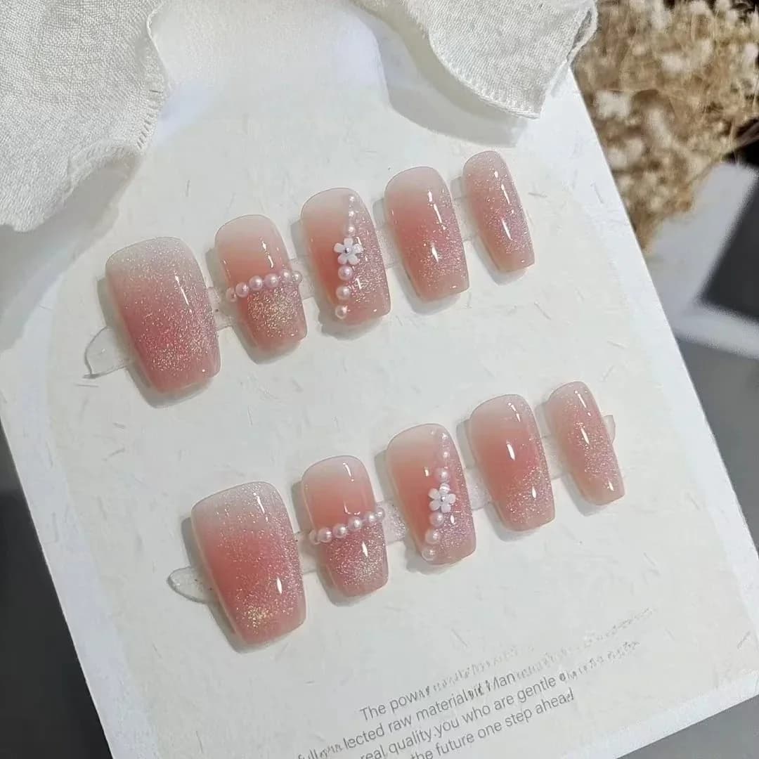 Short Trapezoid Press-On Nails with Rainbow Circles and Pearls, 10 Pieces
