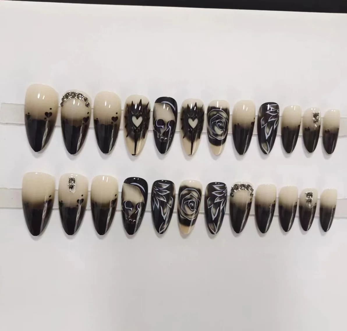 Halloween Skull Press-On Nails Long Pointed Gothic Style