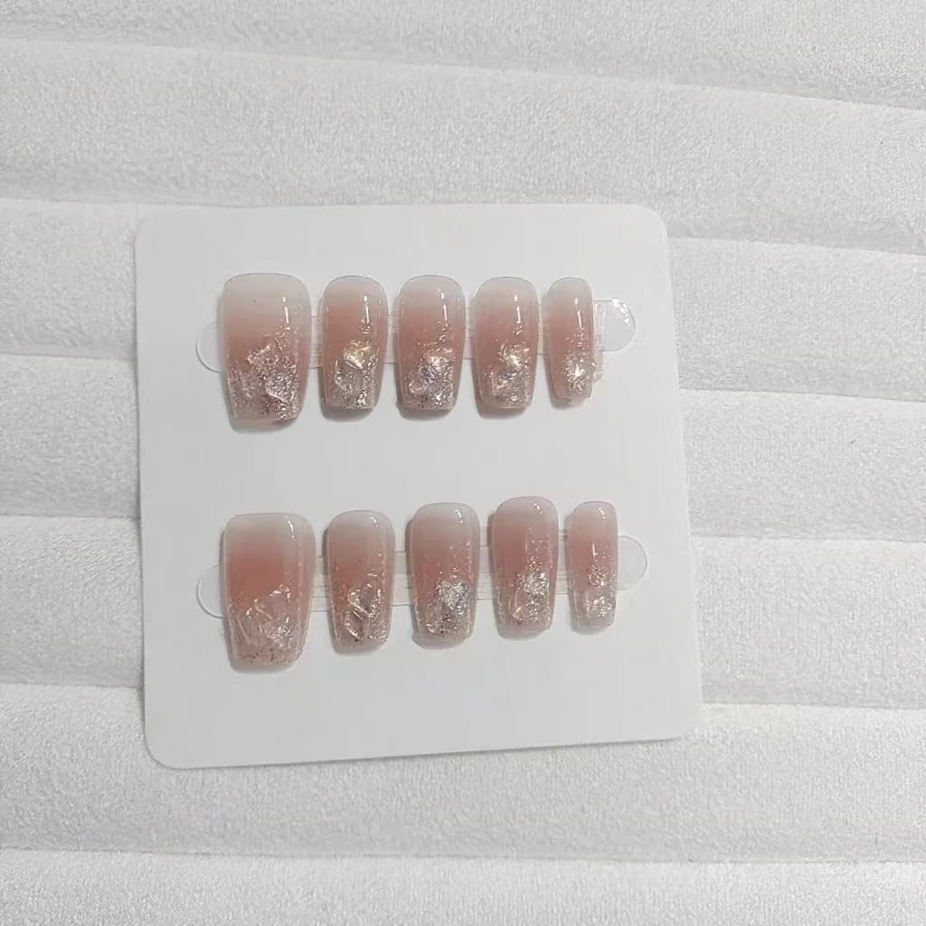 Press-On Nails with Heart Rhinestones Short and Medium Coffin Shape