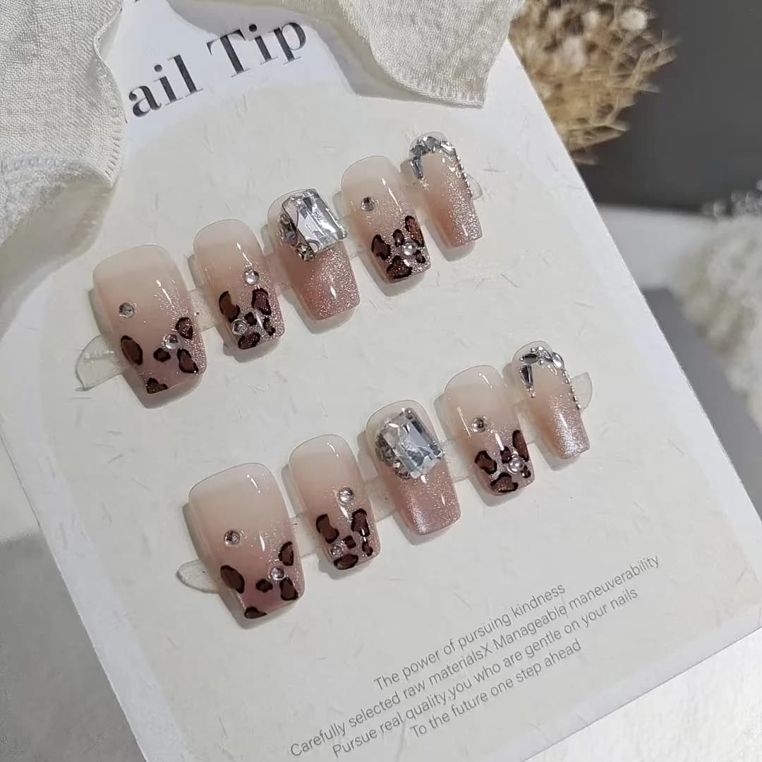 Leopard Print Press-On Nails with Rhinestones Short Coffin Shape