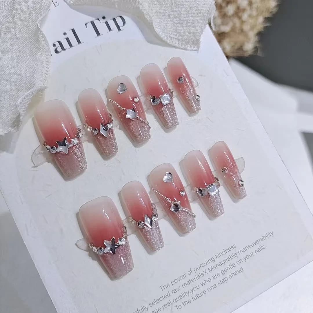 Press-On Nails with Heart Pattern and Glitter Finish