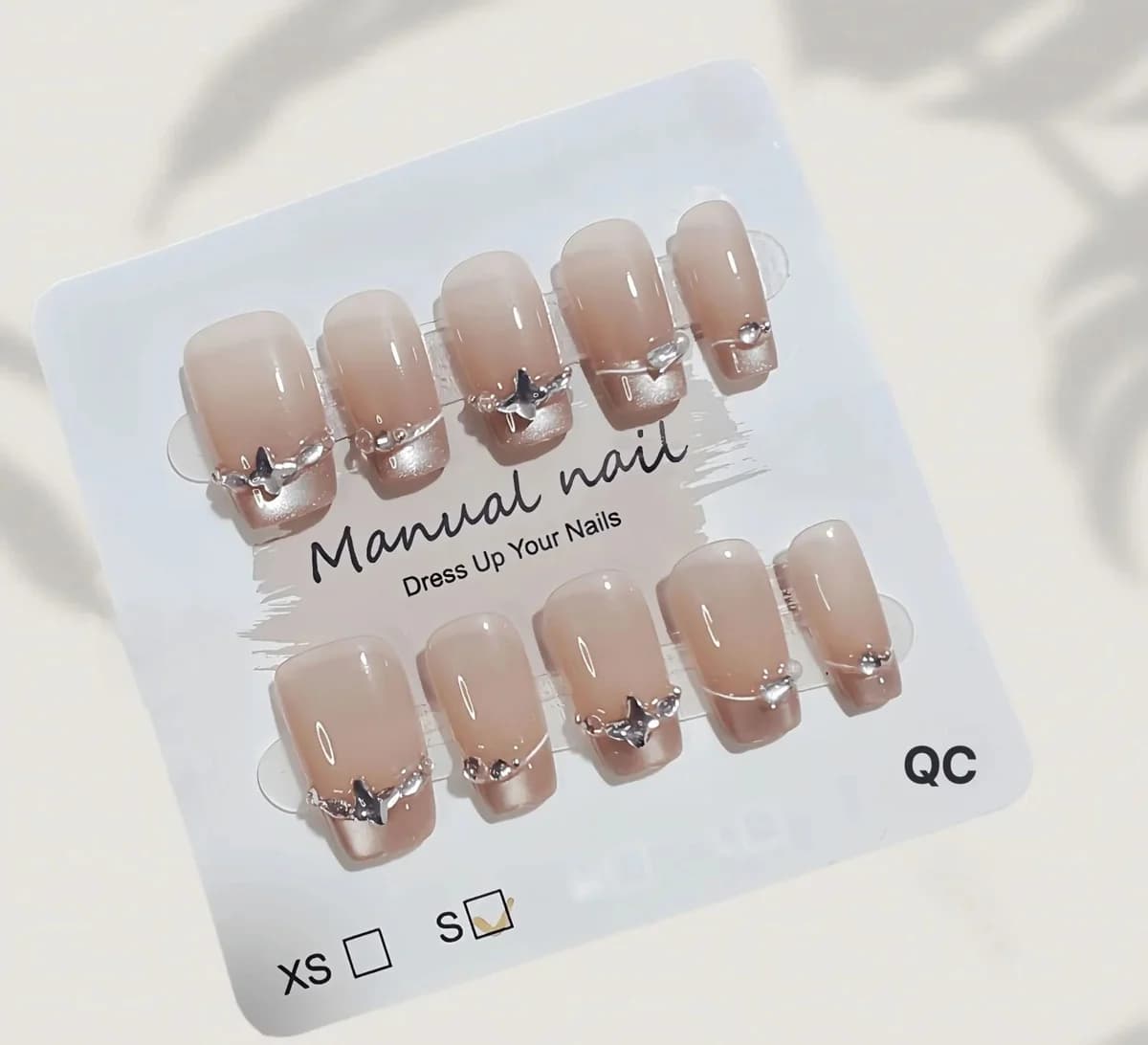 French Tip Press-On Nails with Butterfly Rhinestones and Cat Eye Effect