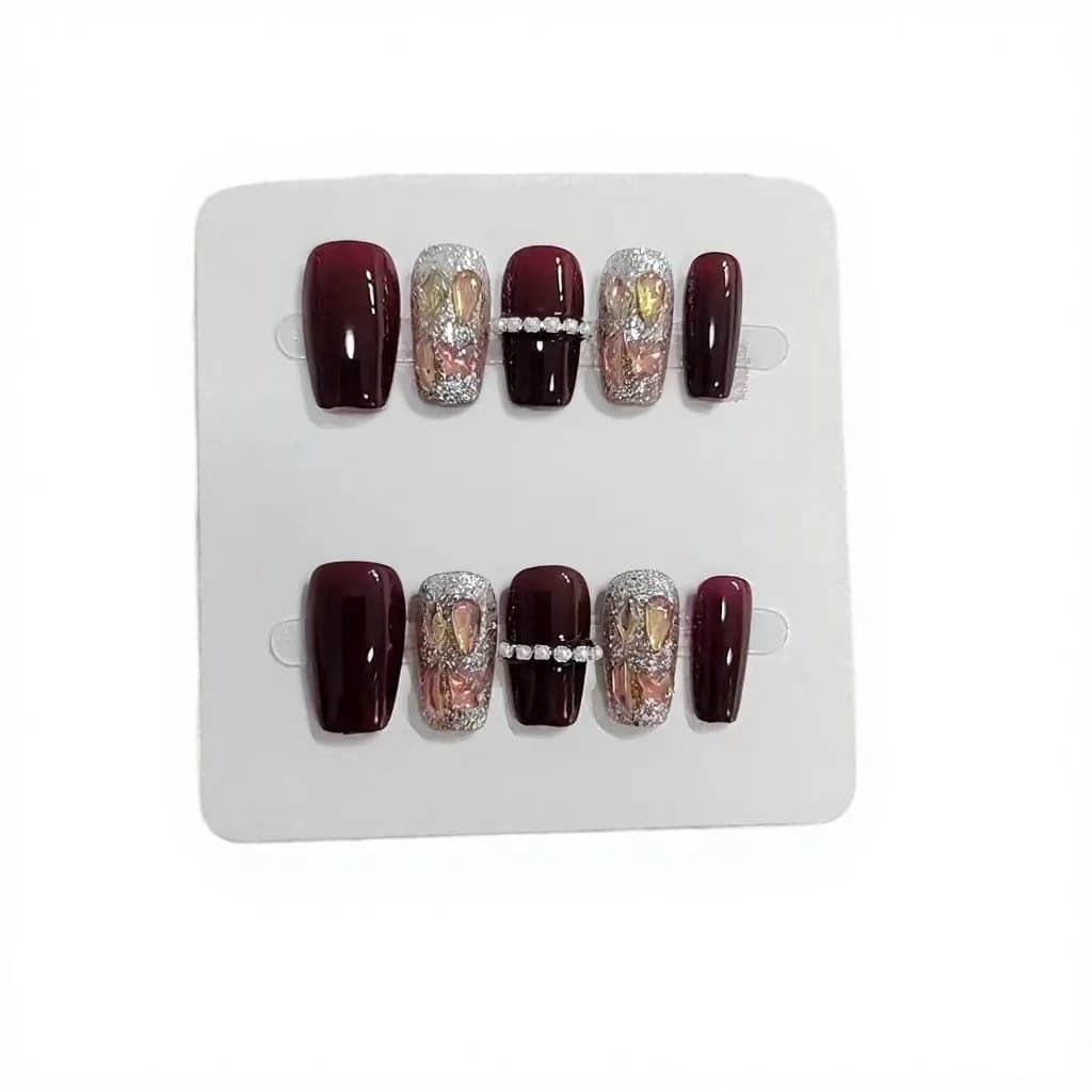 Red Starry Sky Press-On Nails with Chain Rhinestones Short Coffin Shape