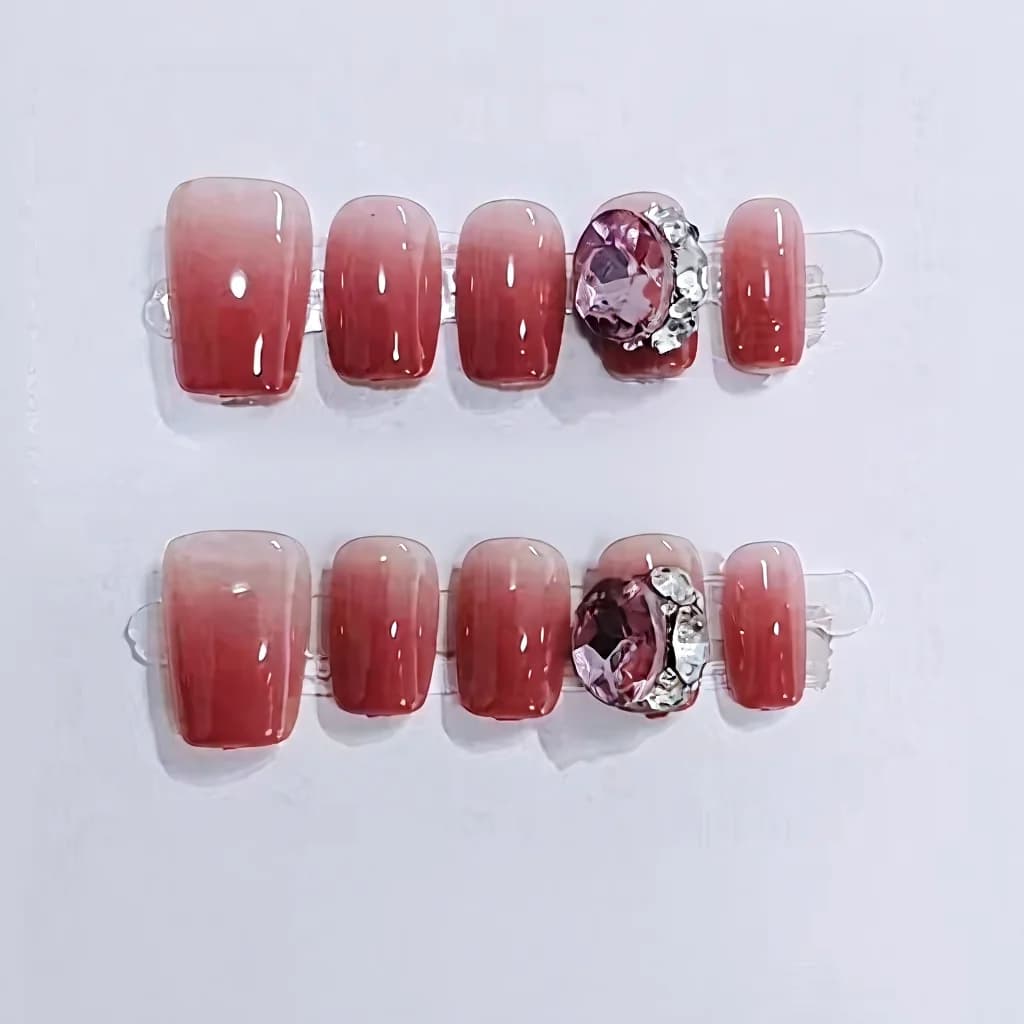 Rose Forest Gradient Press-On Nails with Large Rhinestones, Short Coffin Shape
