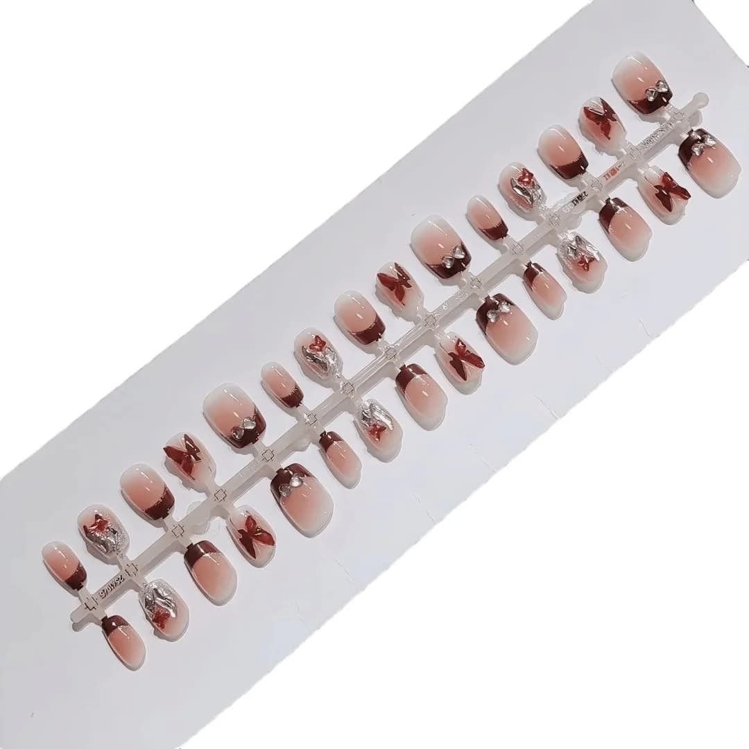 Red French Tip Press-On Nails with Butterfly and Glitter Details