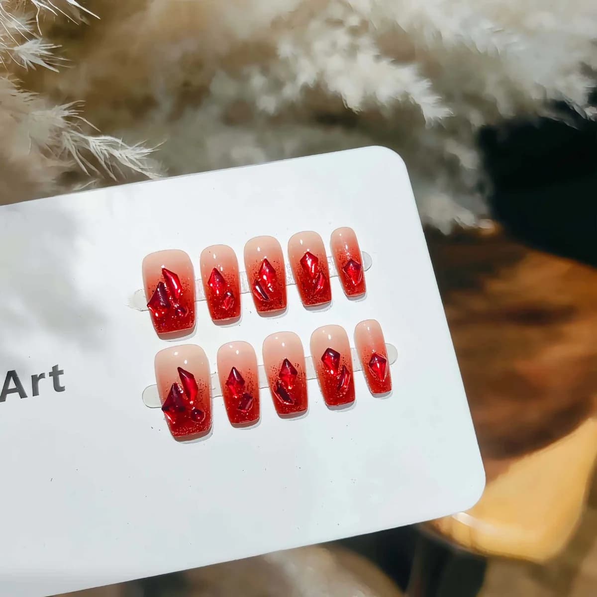 Red Gradient Glitter Press-On Nails Short Coffin Shape