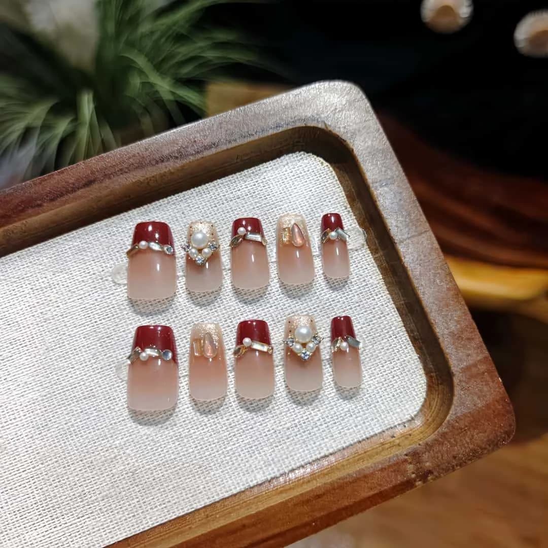 Red Pearl Press On Nails Short Coffin French Tip Glitter