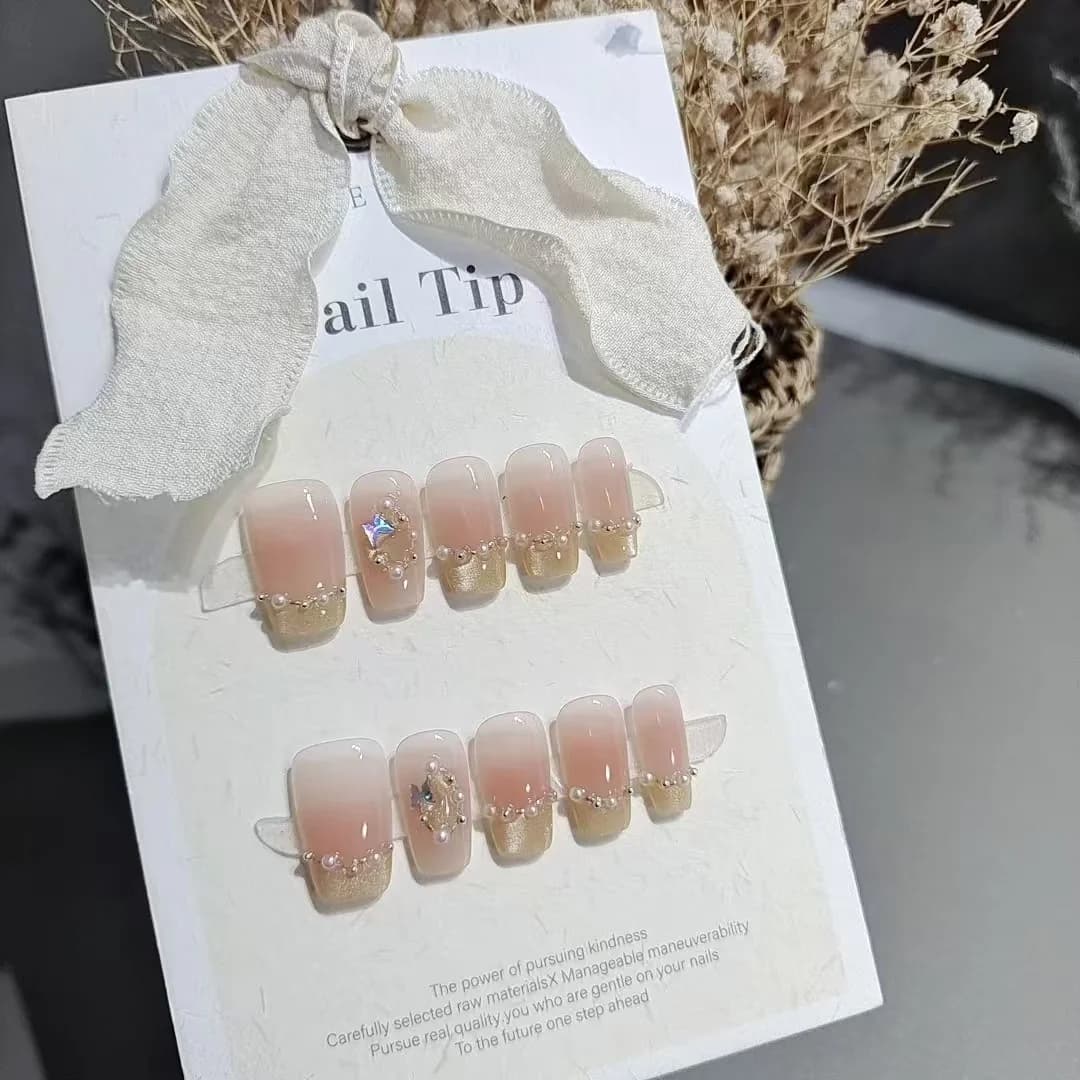 Butterfly French Tip Press-On Nails, Soft Pink Blush Style, 10 Pieces