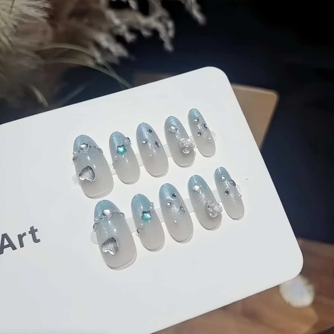 Blue Gradient Cat Eye Press On Nails with Rhinestones