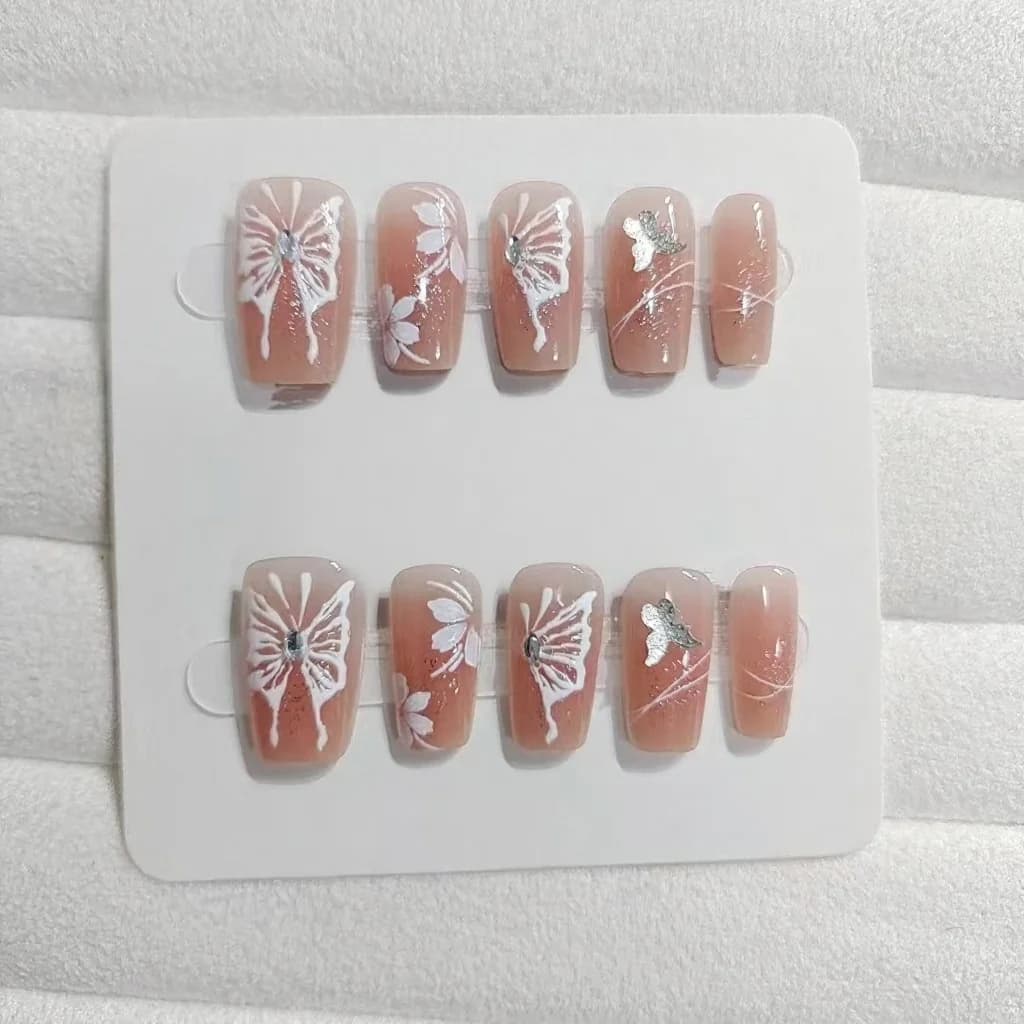 Short Square Press-On Nails with Butterfly French Tip and Glitter